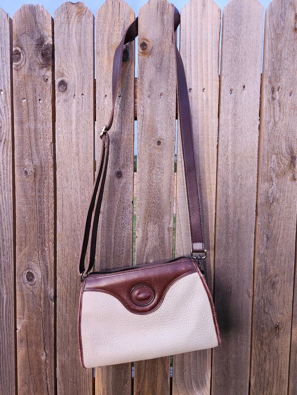 Vintage Dooney & Bourke All-Weather Leather Flap Crossbody Cream Brown